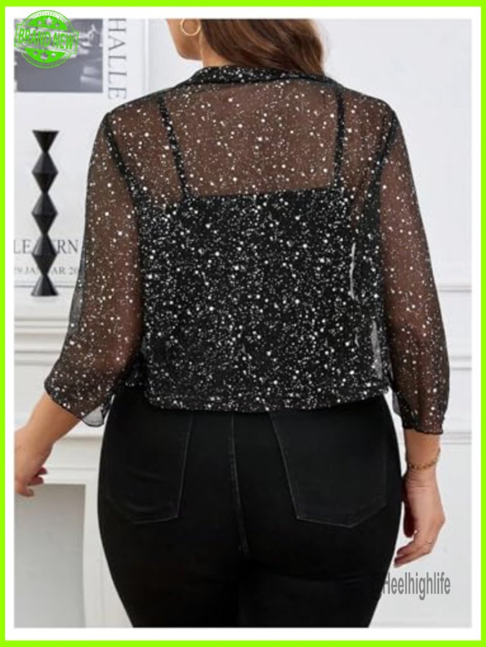 Plus Size Mesh 3/4 Sleeve Open Front Bolero Cropped Cardigan Jacket - Picture 2 of 6